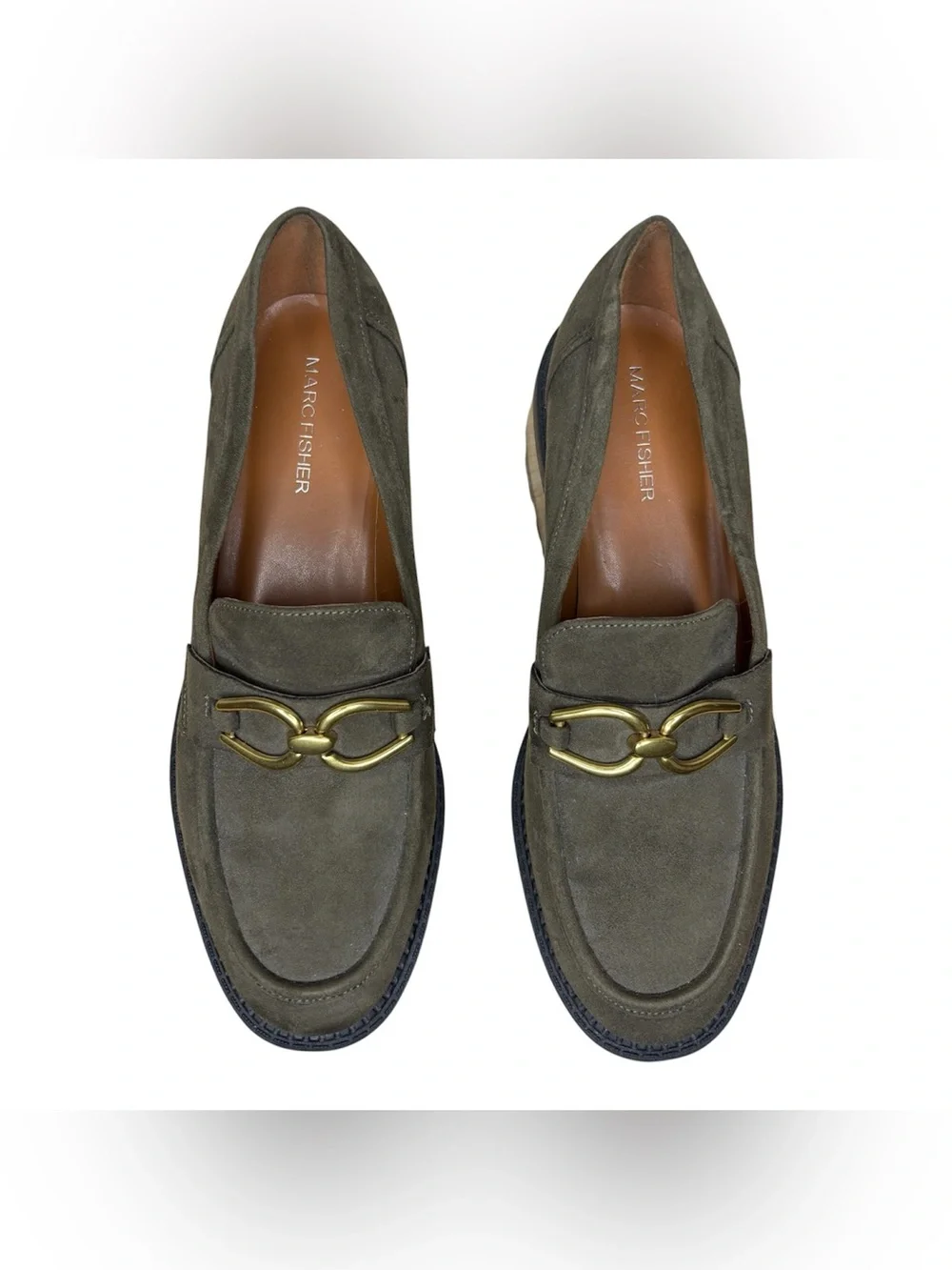 Marc Fisher Olive Green Suede Lug Sole Loafers with Gold details size 8.5